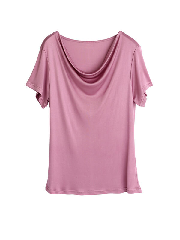 Womens Short-sleeved Cowl Neck Mulberry Silk Knitted Shirt