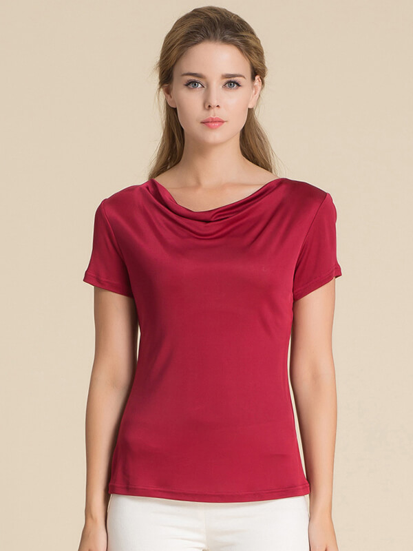 Womens Short-sleeved Cowl Neck Mulberry Silk Knitted Shirt