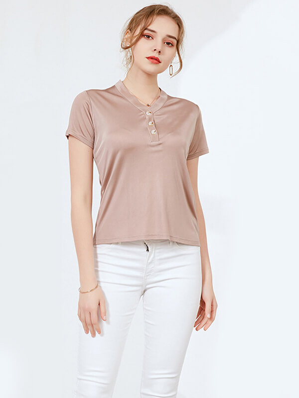Fashion Short-sleeved V-neck Mulberry Silk Knitted Shirt