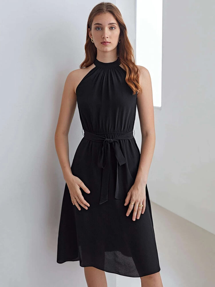 Summer Halterneck Belted Short Silk Dress