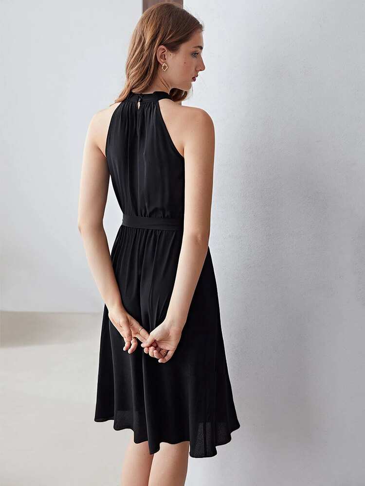 Summer Halterneck Belted Short Silk Dress