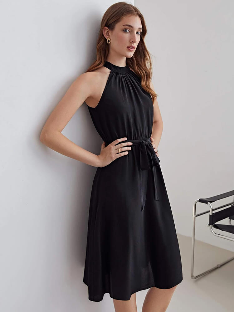 Summer Halterneck Belted Short Silk Dress