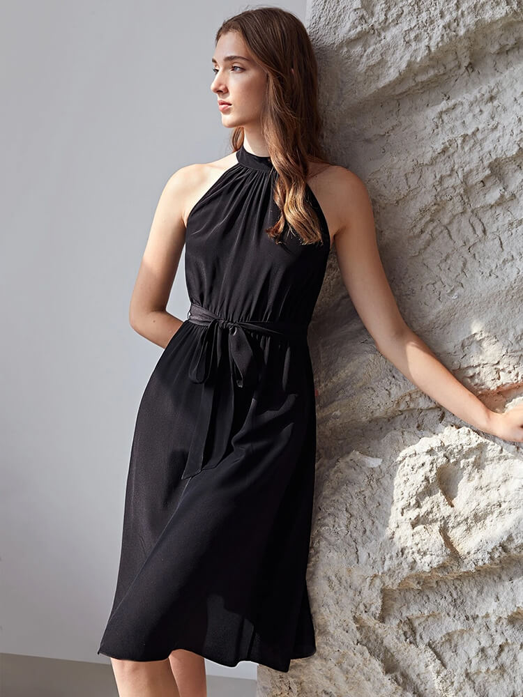 Summer Halterneck Belted Short Silk Dress