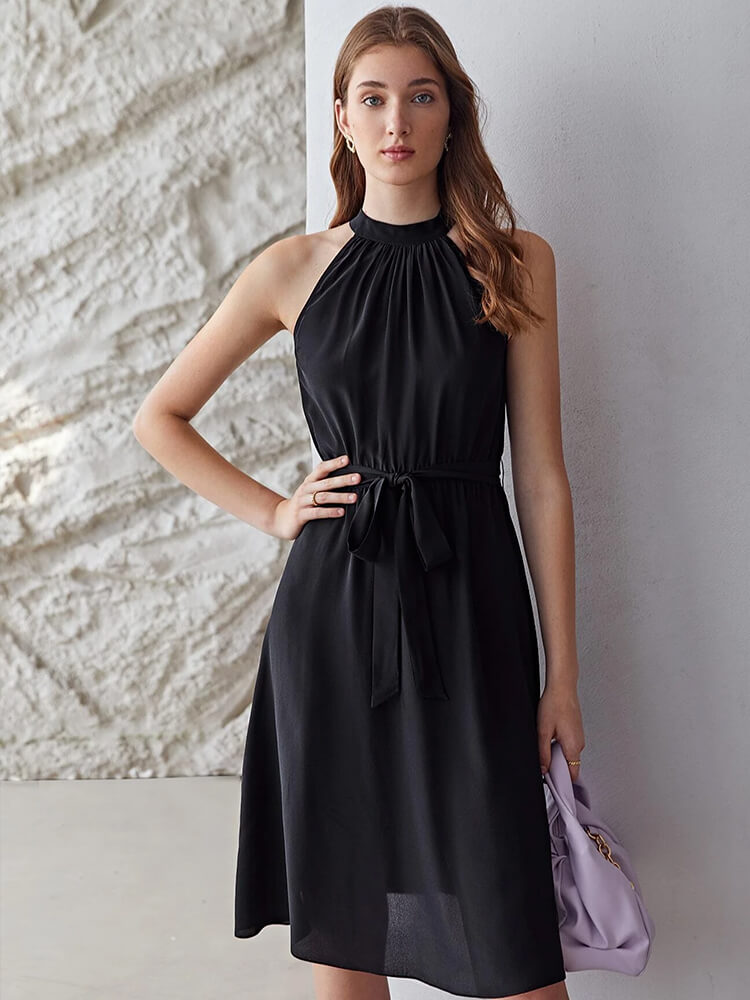 Summer Halterneck Belted Short Silk Dress