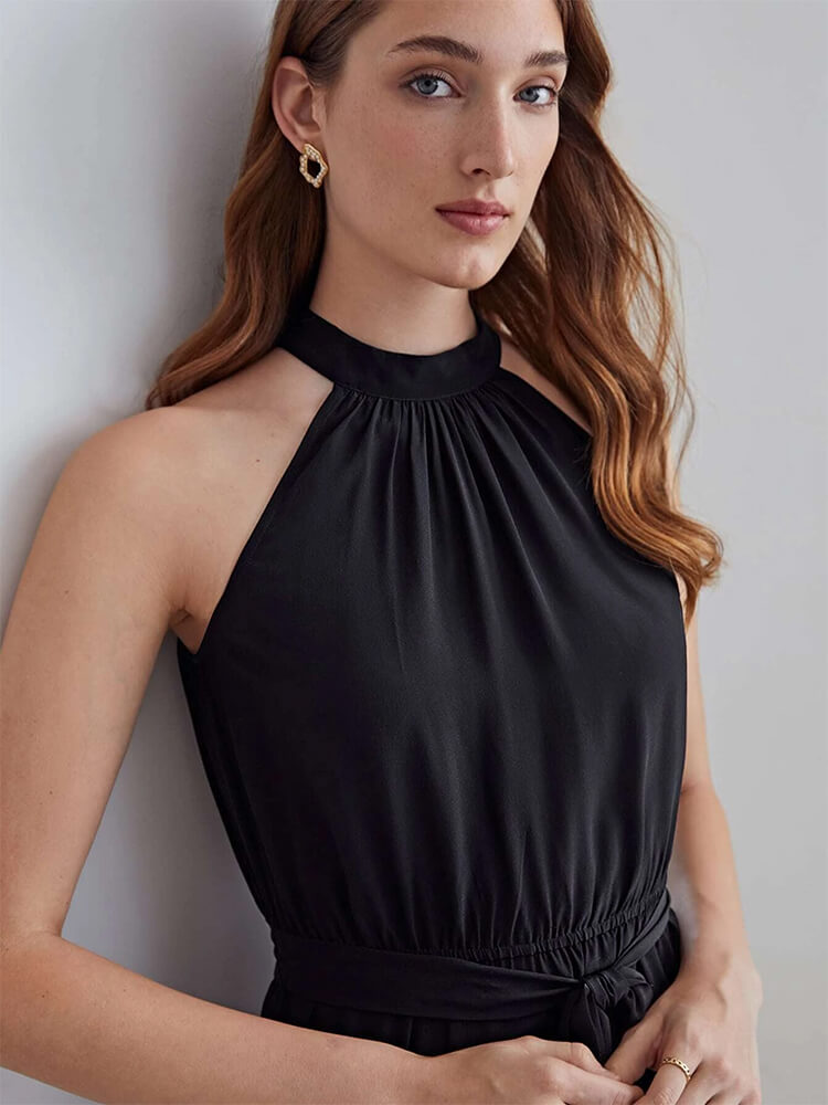 Summer Halterneck Belted Short Silk Dress
