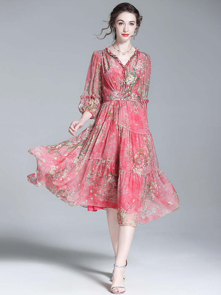 Rose Red Floral Ruffled Flowy Silk Summer Dress