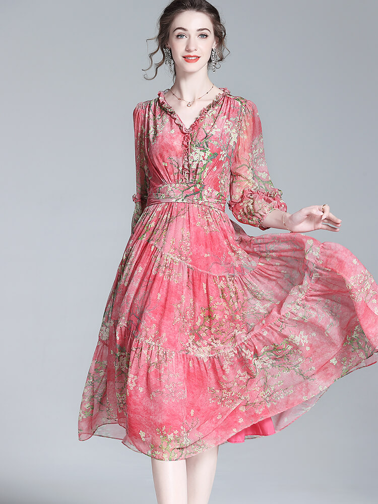 Rose Red Floral Ruffled Flowy Silk Summer Dress