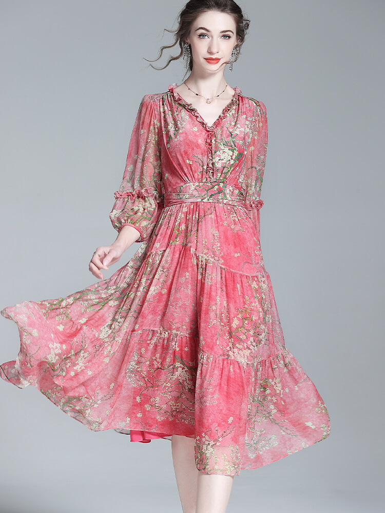 Rose Red Floral Ruffled Flowy Silk Summer Dress
