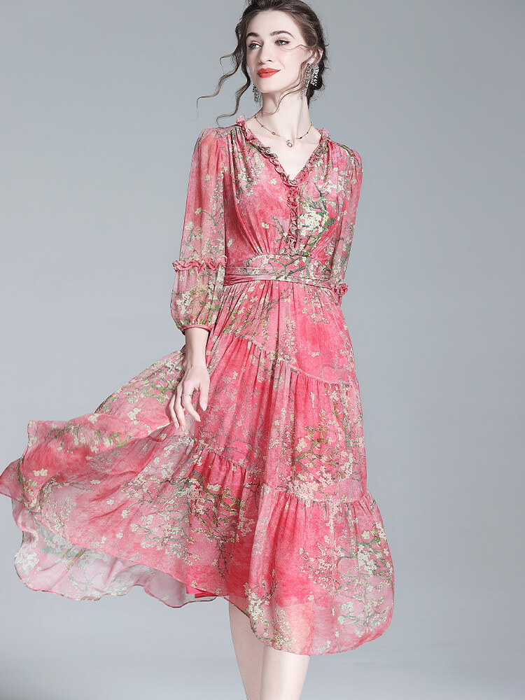Rose Red Floral Ruffled Flowy Silk Summer Dress