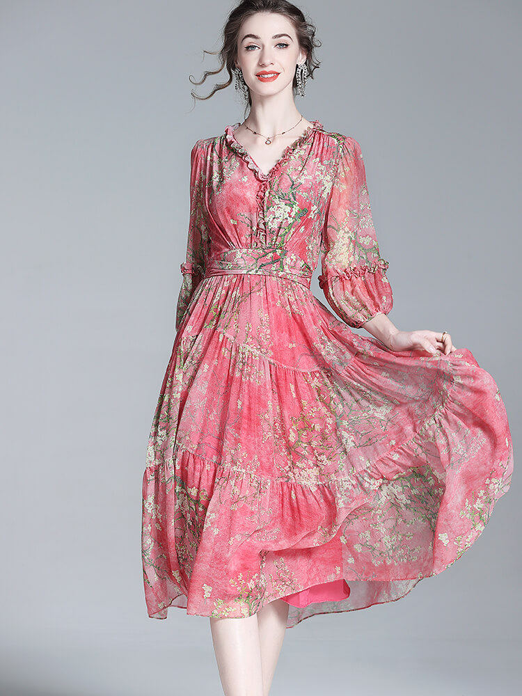 Rose Red Floral Ruffled Flowy Silk Summer Dress
