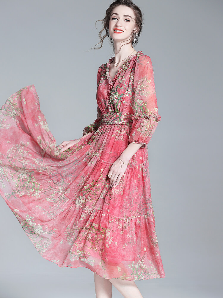 Rose Red Floral Ruffled Flowy Silk Summer Dress