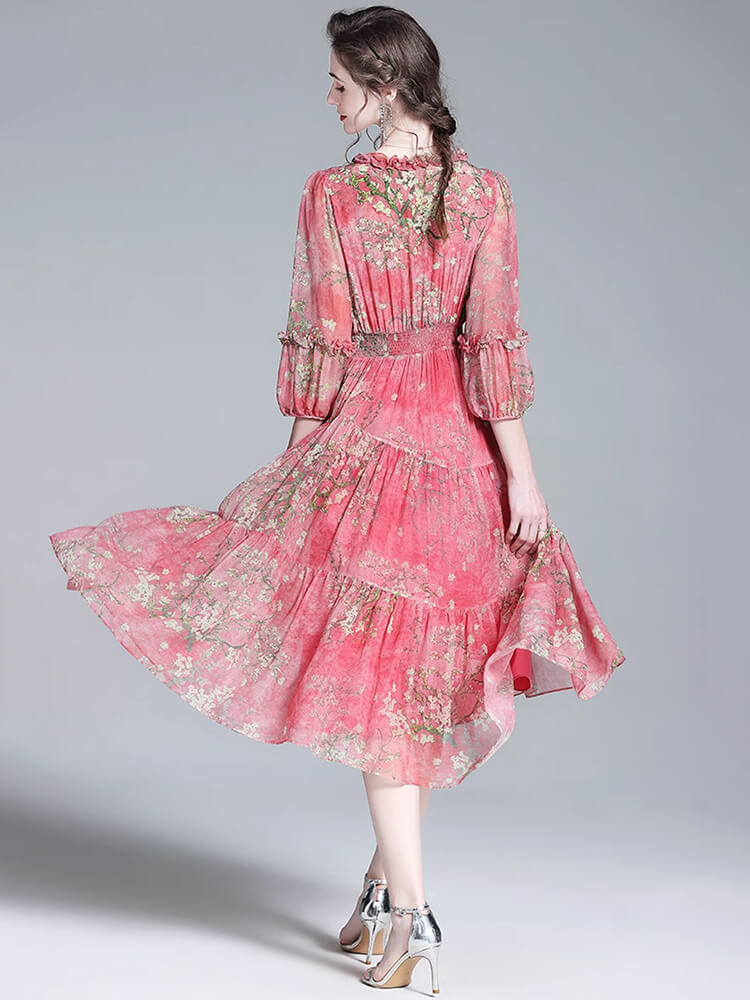 Rose Red Floral Ruffled Flowy Silk Summer Dress