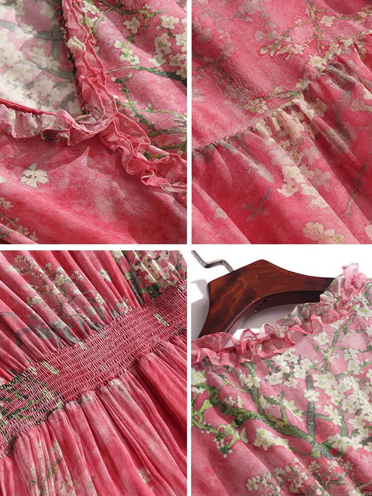 Rose Red Floral Ruffled Flowy Silk Summer Dress