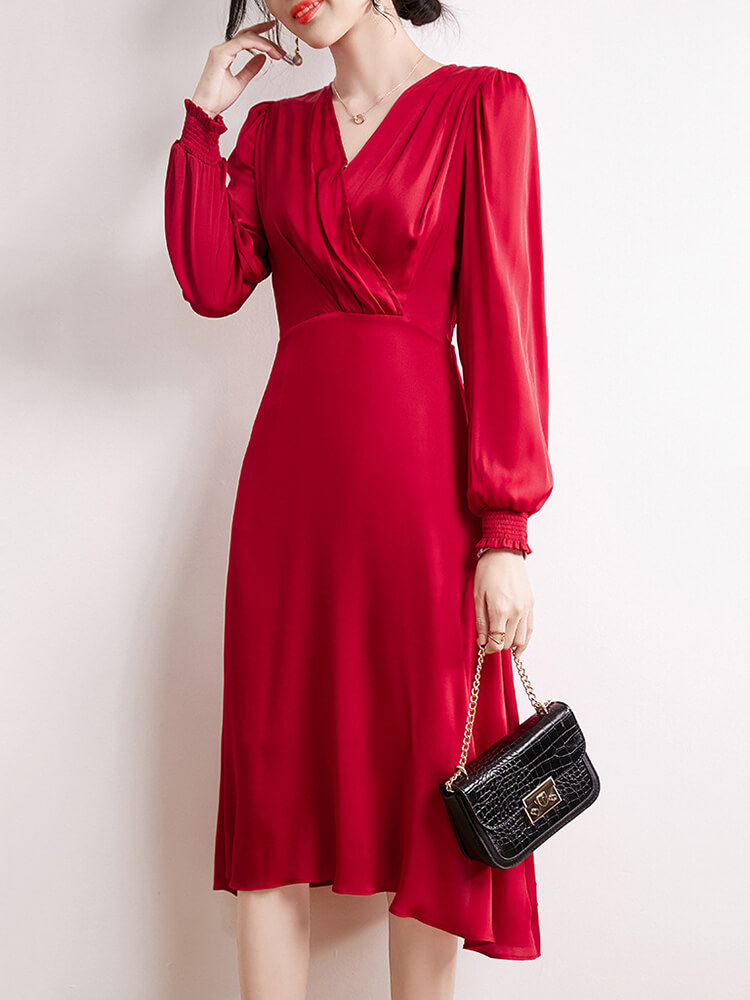 22 Momme Womens Long Sleeve V Neck Silk Wrap Dress