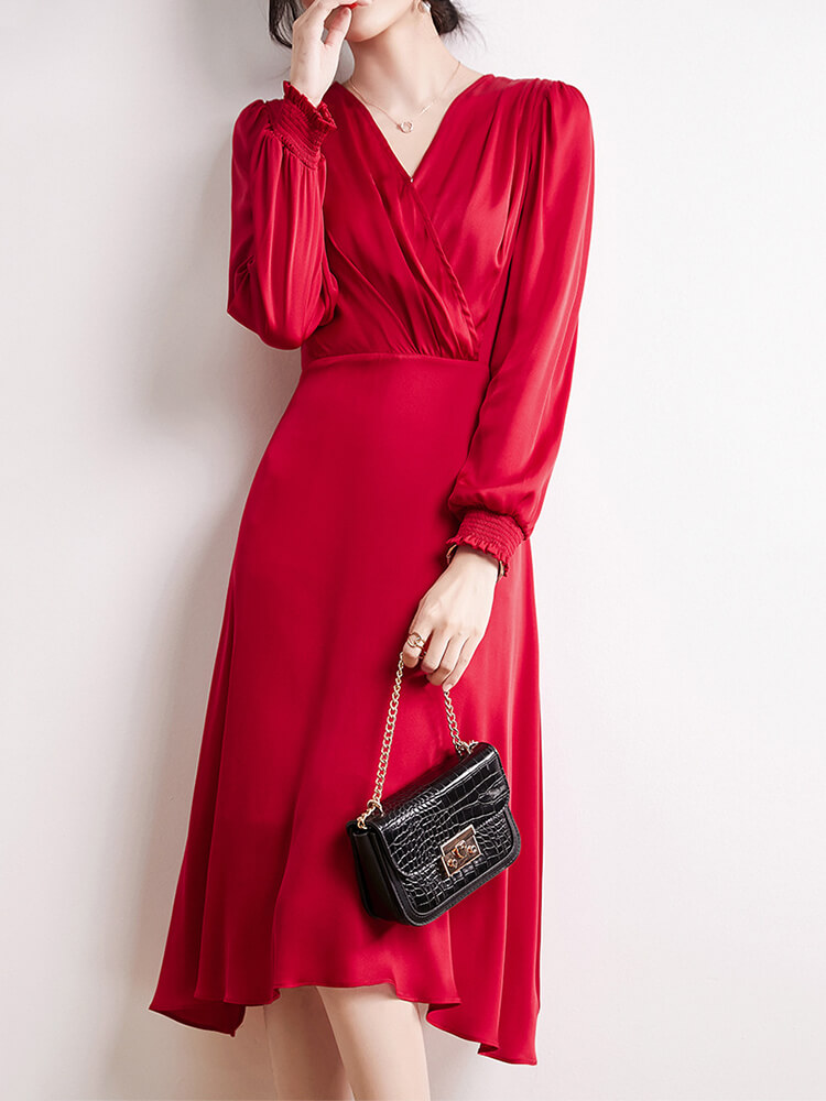 22 Momme Womens Long Sleeve V Neck Silk Wrap Dress