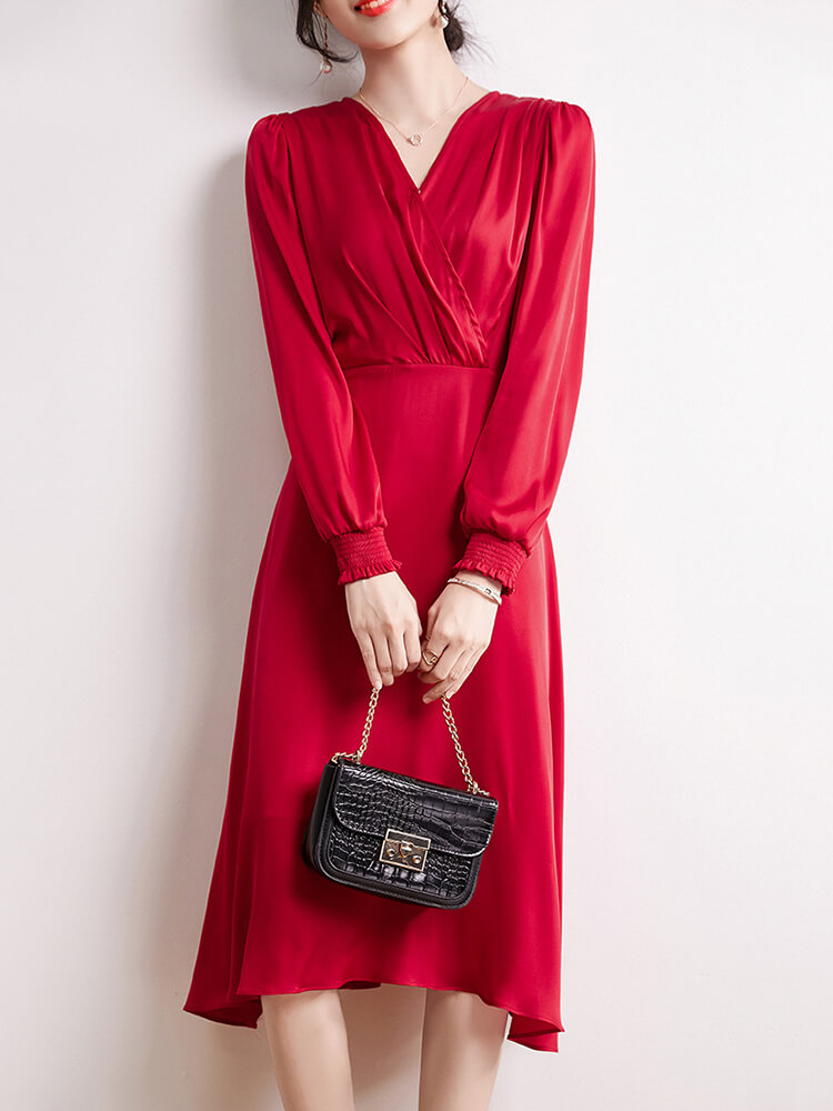 22 Momme Womens Long Sleeve V Neck Silk Wrap Dress