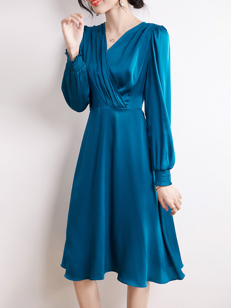 22 Momme Womens Long Sleeve V Neck Silk Wrap Dress