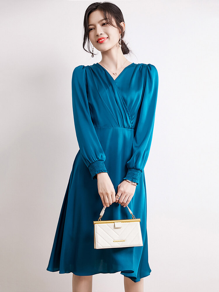 22 Momme Womens Long Sleeve V Neck Silk Wrap Dress