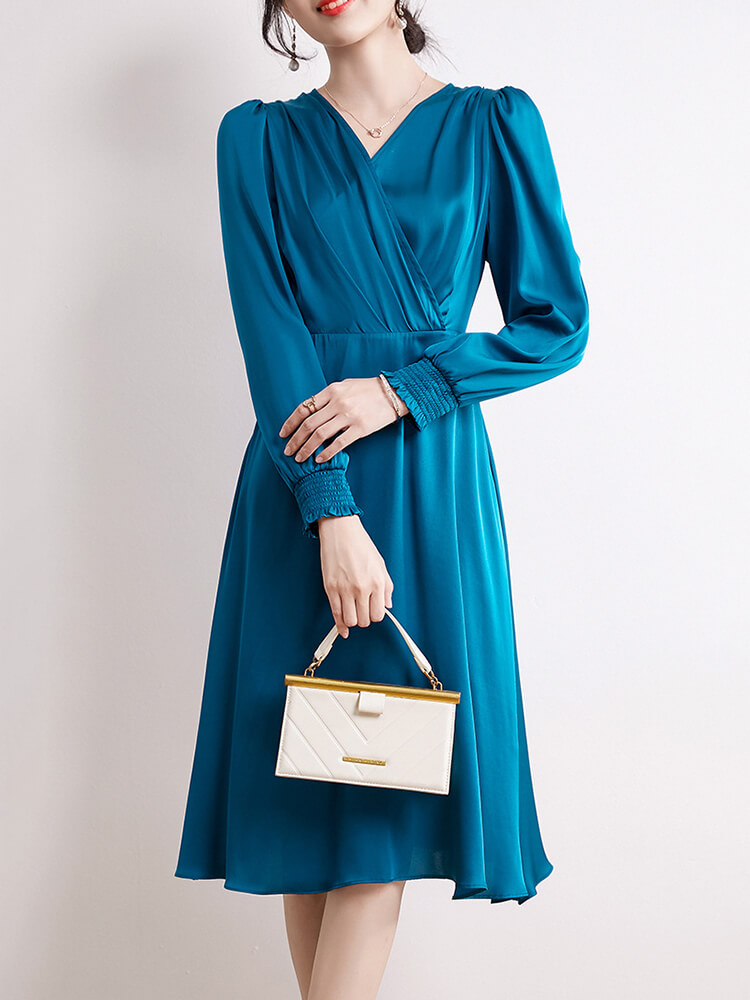 22 Momme Womens Long Sleeve V Neck Silk Wrap Dress