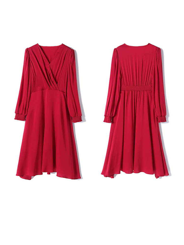 22 Momme Womens Long Sleeve V Neck Silk Wrap Dress
