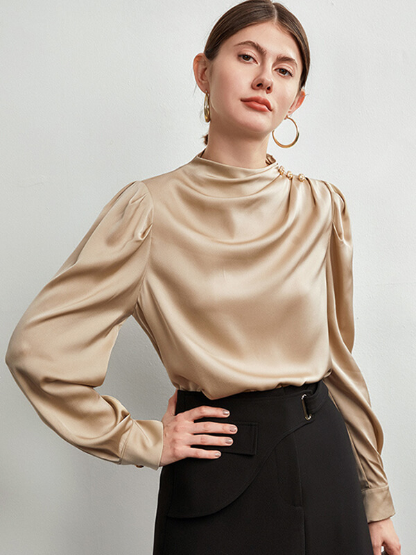 22 Momme Mock Neck Silk Blouse With Metal Buttons