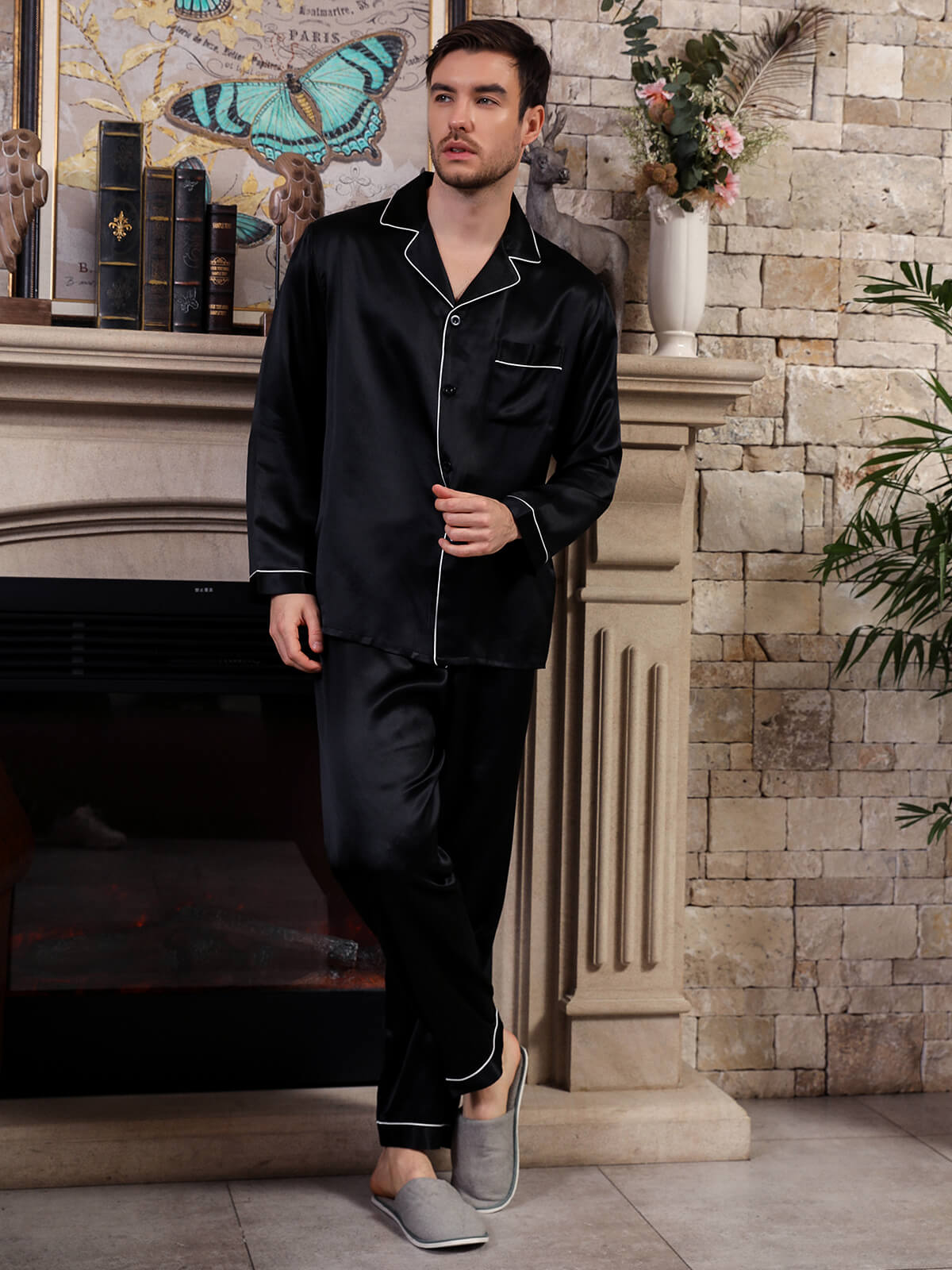 19 Momme Men Classic Long Silk Pajama Set with Trimming - Click Image to Close