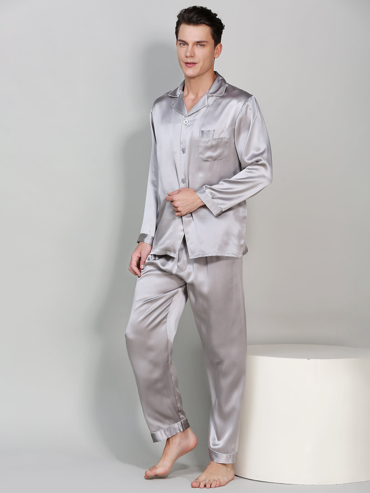 19 Momme Men Classic Long Silk Pajama Set with Trimming