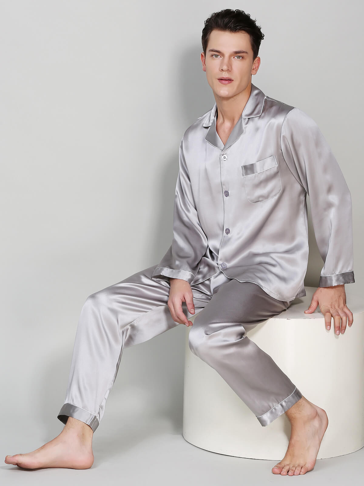 19 Momme Men Classic Long Silk Pajama Set with Trimming