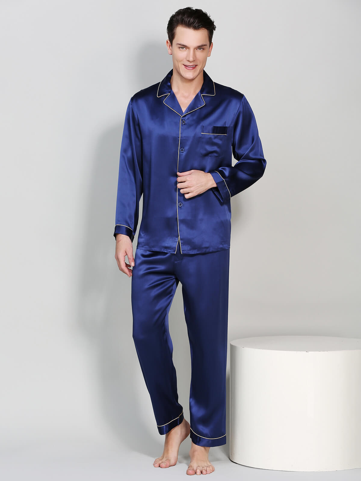 19 Momme Men Classic Long Silk Pajama Set with Trimming