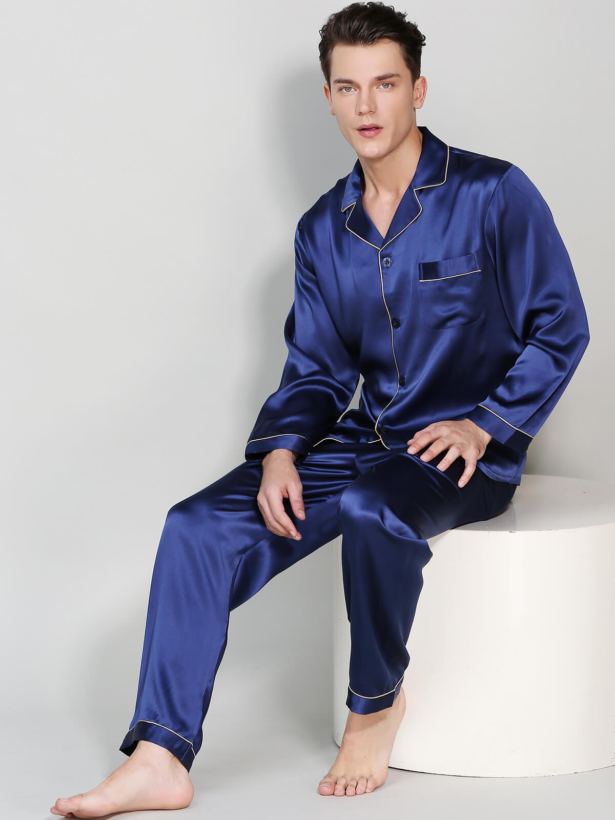 19 Momme Men Classic Long Silk Pajama Set with Trimming