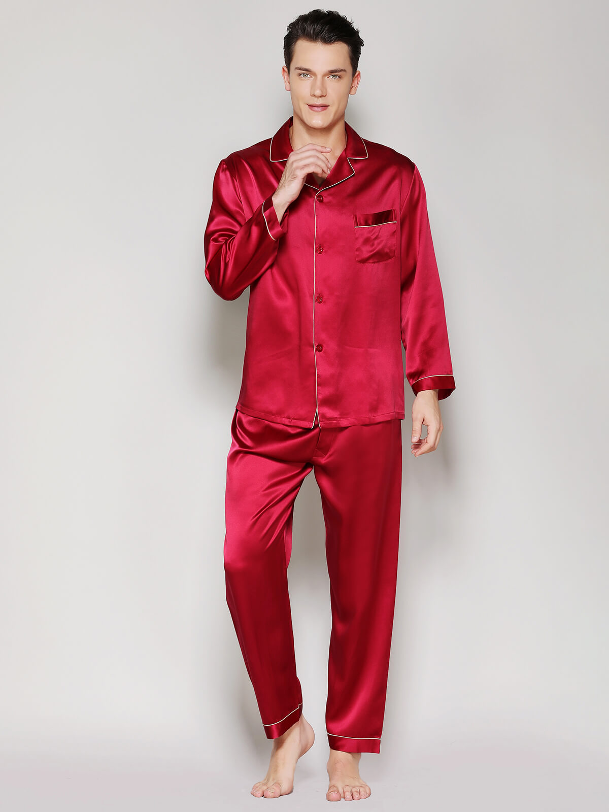 19 Momme Men Classic Long Silk Pajama Set with Trimming