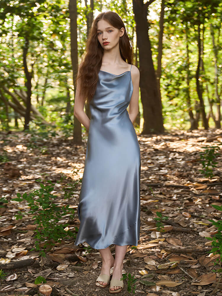 19 Momme Luxury Full Length Cowl Neck Silk Slip Nightgown - Click Image to Close