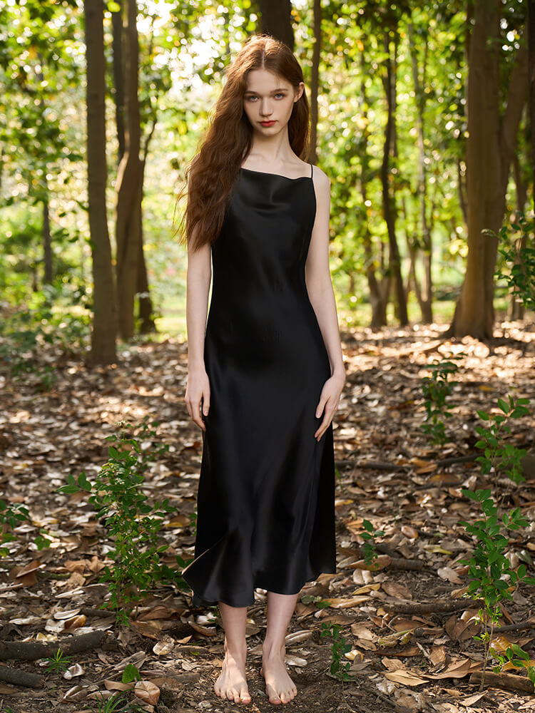 19 Momme Alluring and Elegant Cowl Neck Long Silk Slip Nightgown