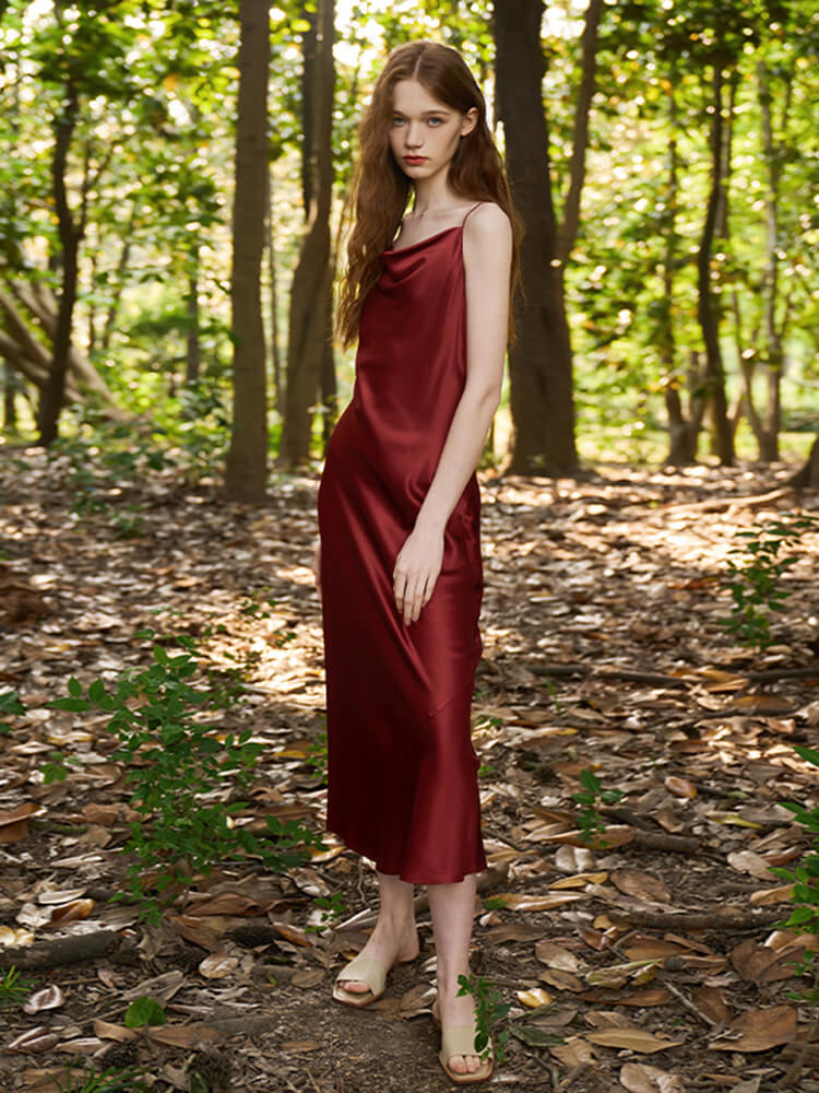 19 Momme Alluring and Elegant Cowl Neck Long Silk Slip Nightgown