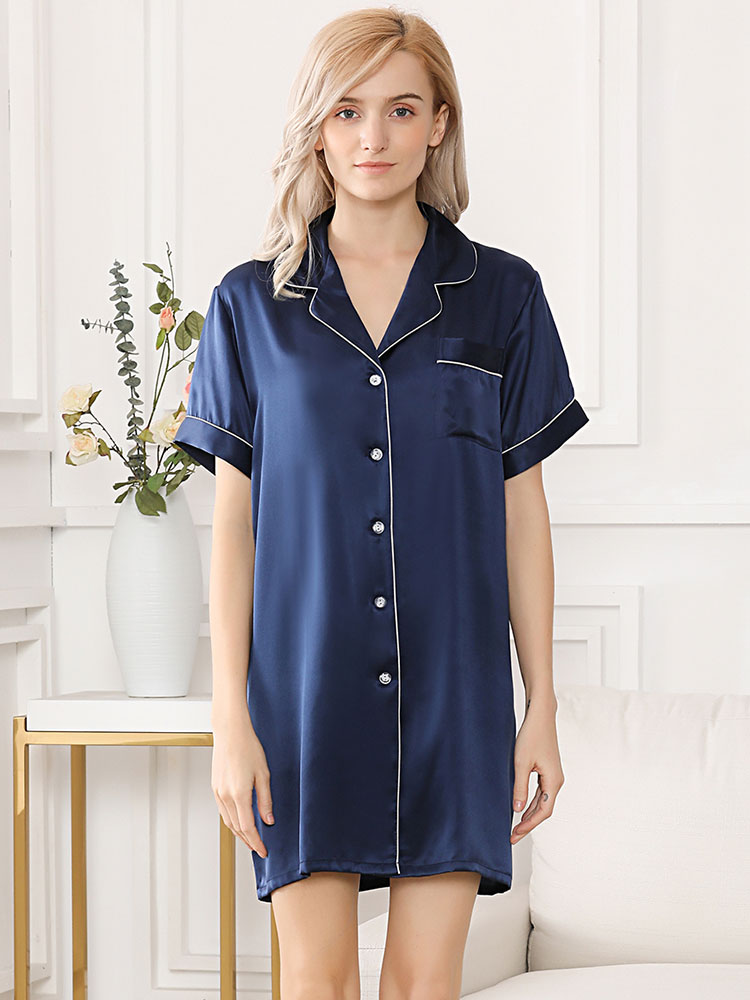 19 Momme Short Sleeved Women Silk Sleep Shirt with Trimming