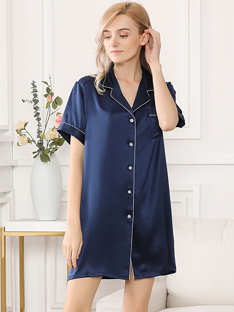 22 Momme Short-Sleeve Silk Button-Down Sleep Shirt with Piping