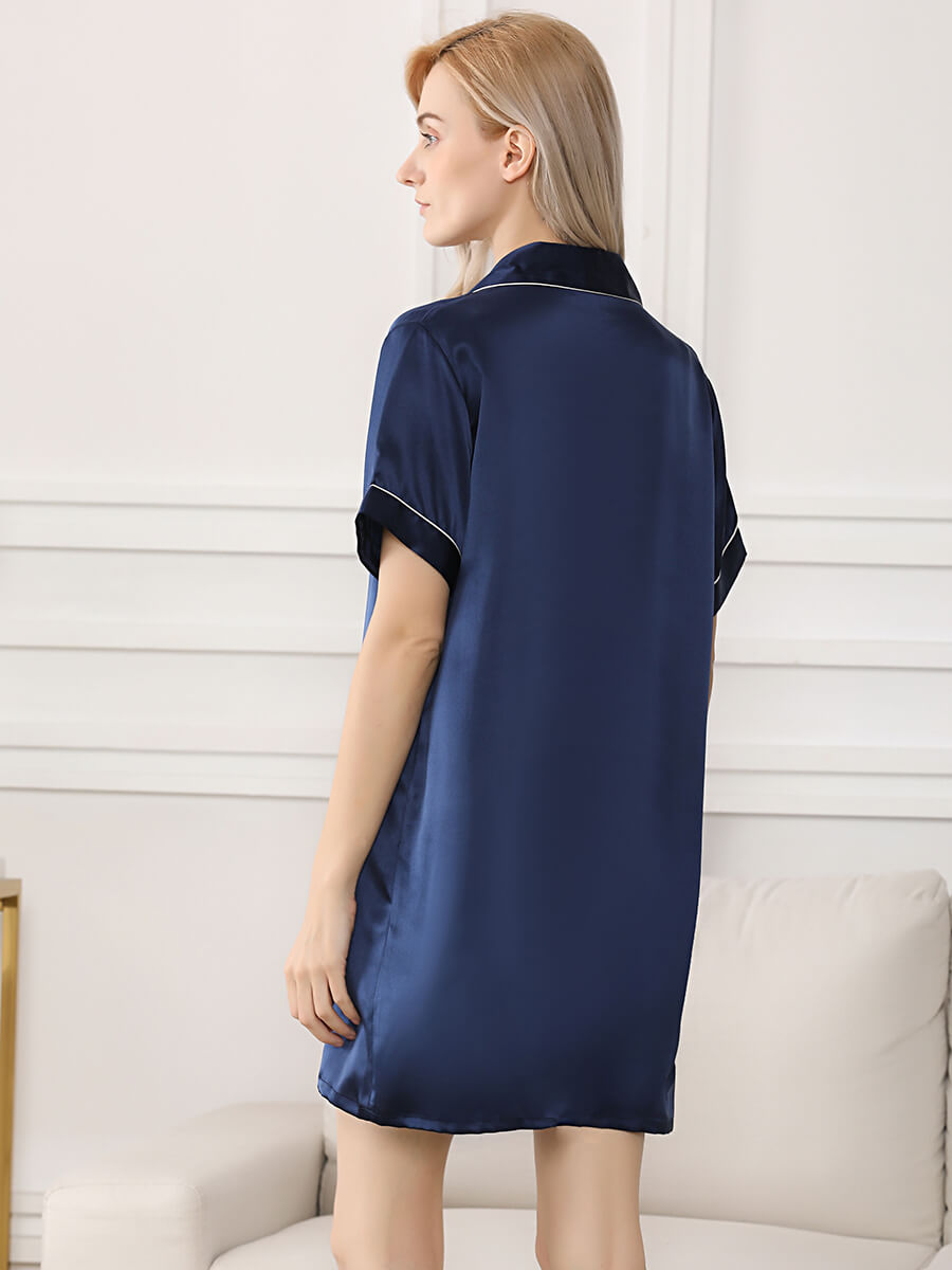 22 Momme Short-Sleeve Silk Button-Down Sleep Shirt with Piping