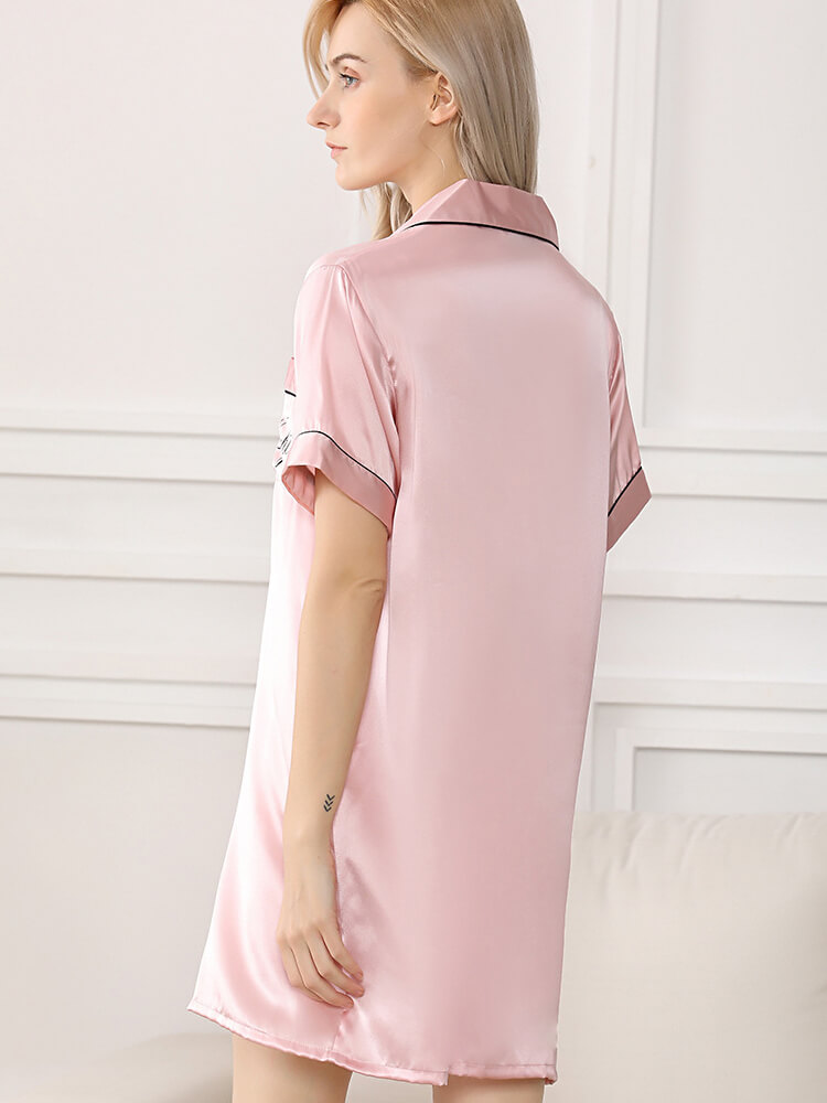 22 Momme Short-Sleeve Silk Button-Down Sleep Shirt with Piping