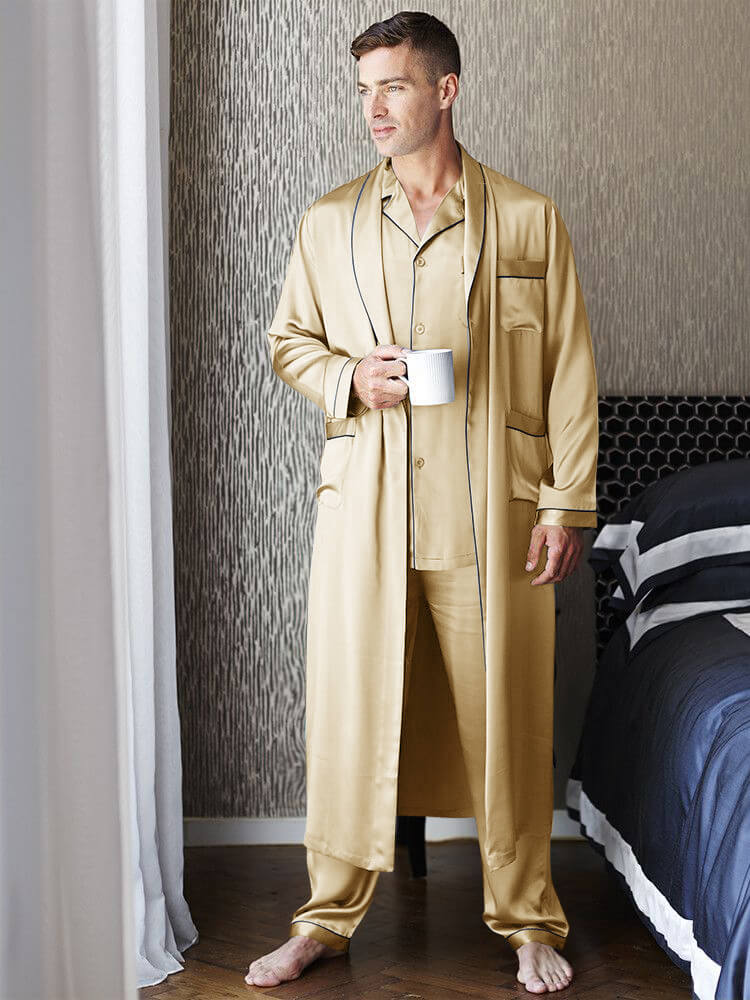 19 Momme Mens Luxury Silk Pajamas Robe Set with Trimming