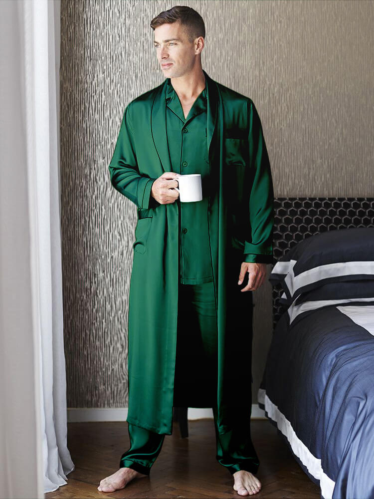 19 Momme Mens Luxury Silk Pajamas Robe Set with Trimming