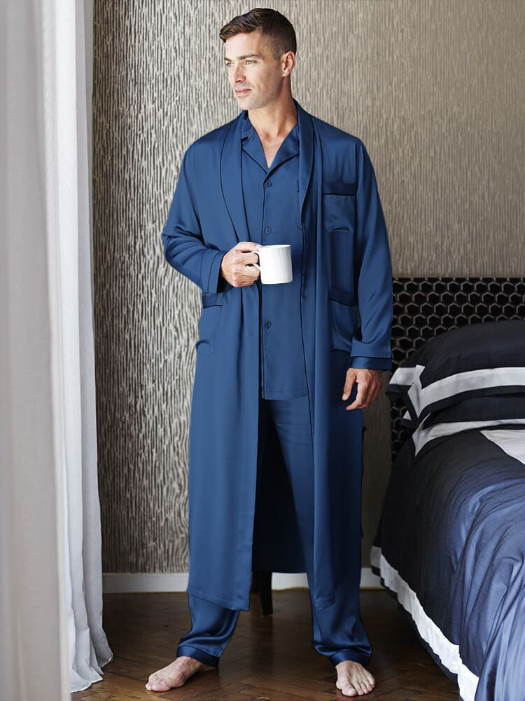 19 Momme Mens Luxury Silk Pajamas Robe Set with Trimming