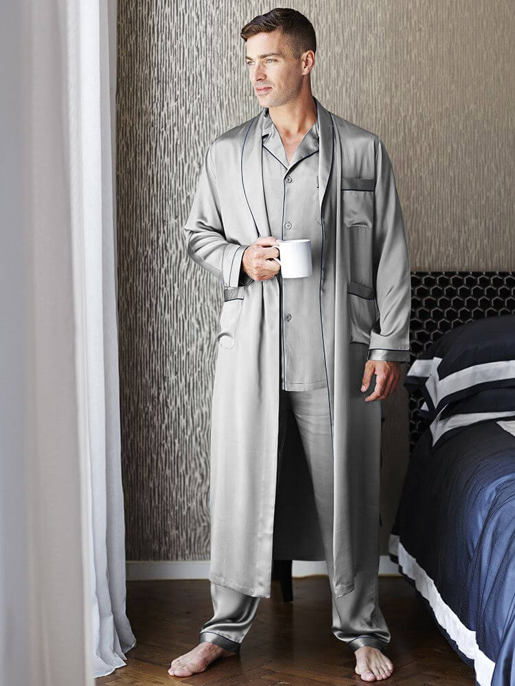 19 Momme Mens Luxury Silk Pajamas Robe Set with Trimming