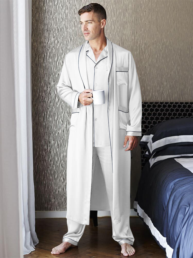 19 Momme Mens Luxury Silk Pajamas Robe Set with Trimming