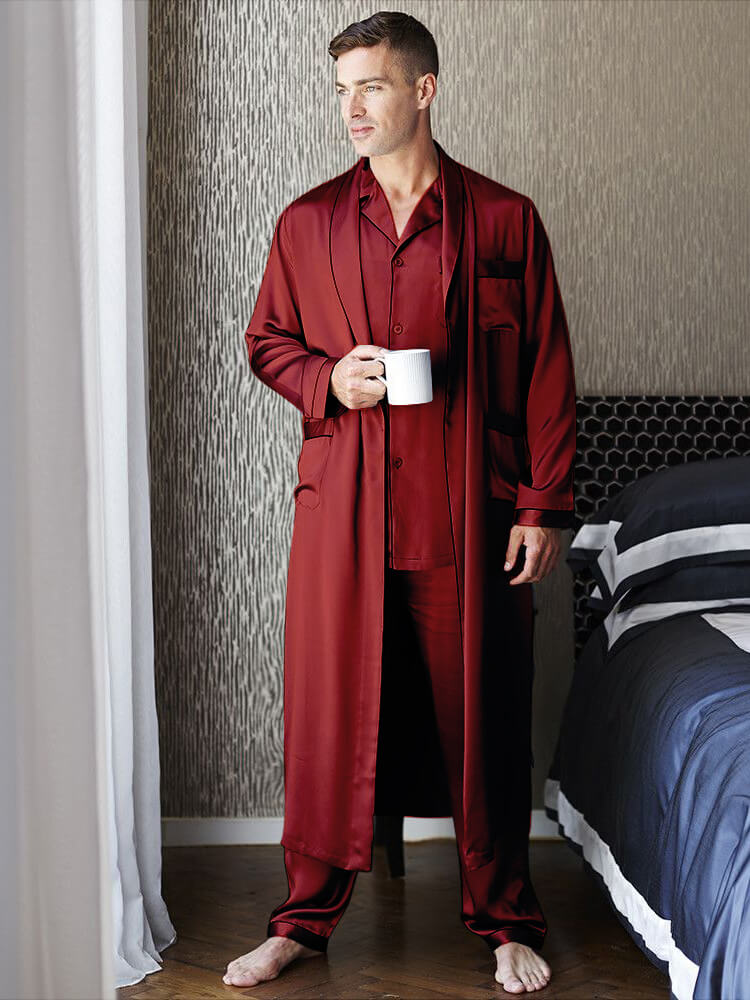 19 Momme Mens Luxury Silk Pajamas Robe Set with Trimming