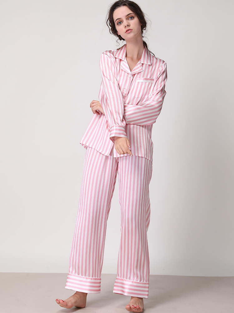 22 Momme Women Luxurious Long Sleeve Striped Silk Pajamas Set