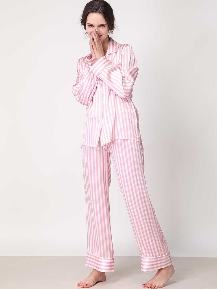 22 Momme Women Luxurious Long Sleeve Striped Silk Pajamas Set