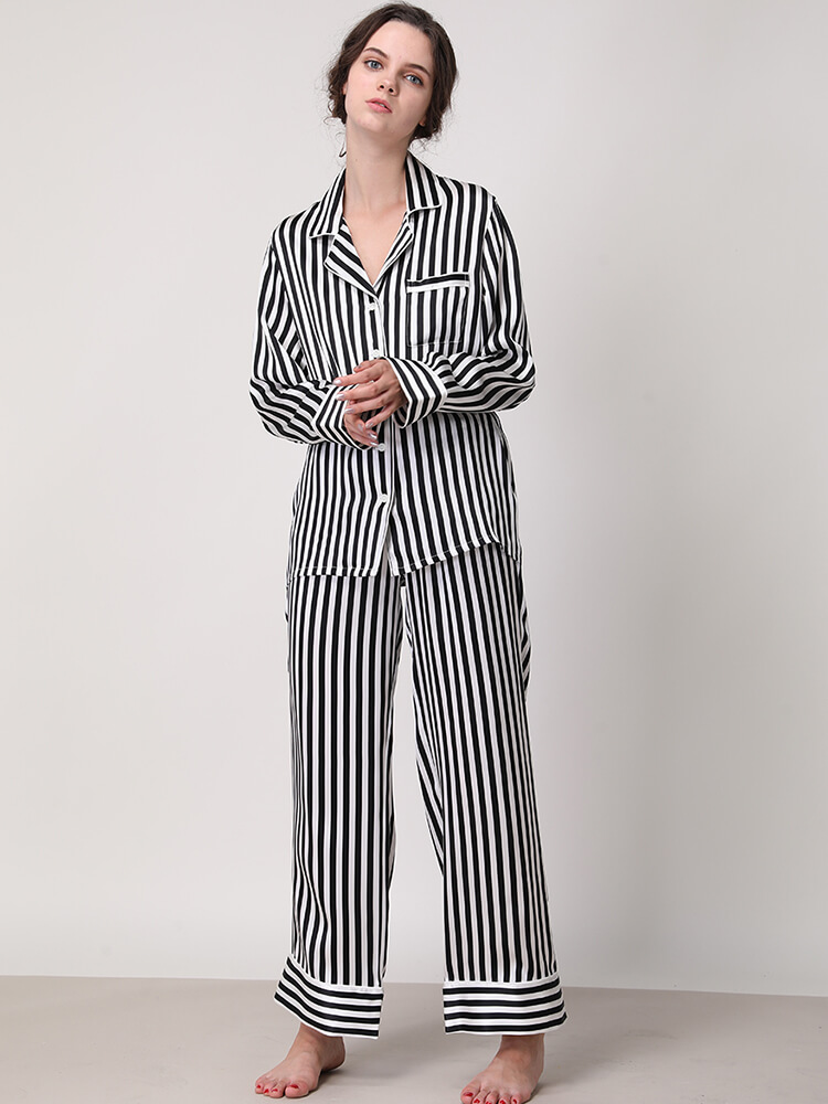 22 Momme Women Luxurious Long Sleeve Striped Silk Pajamas Set