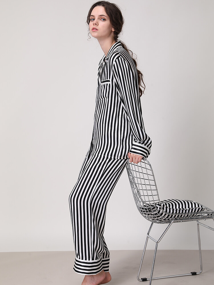 22 Momme Women Luxurious Long Sleeve Striped Silk Pajamas Set