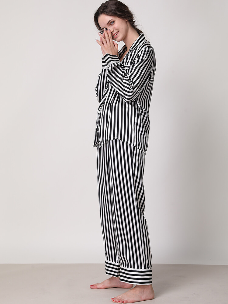 19 Momme Striped Long Silk Pajama Set For Women