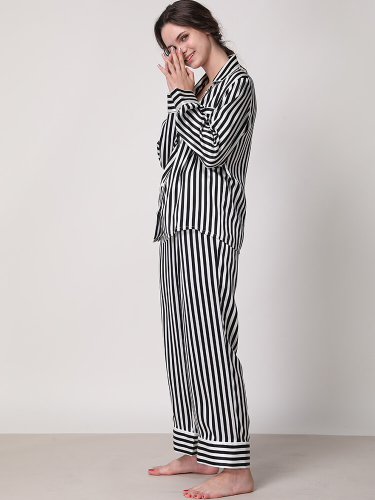 22 Momme Women Luxurious Long Sleeve Striped Silk Pajamas Set